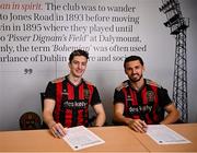 4 February 2025; Bohemians new signings Connor Parsons, left, and Alex Lacey poses for a portrait during their unveiling at Bohemian FC offices in Dublin. Photo by Piaras Ó Mídheach/Sportsfile