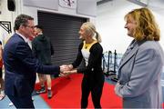 4 February 2025; Irish Olympian and 100m hurdler Sarah Lavin with, from left, Minister for Tourism, Culture, Arts, Gaeltacht, Sport and Media and Equality Patrick O'Donovan and CEO of Sport Ireland Dr Úna May during a ministerial Visit to the Sport Ireland Campus in Dublin. Photo by Matt Browne/Sportsfile