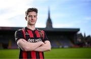 4 February 2025; Bohemians new signing Alex Lacey poses for a portrait during his unveiling at Dalymount Park in Dublin. Photo by Piaras Ó Mídheach/Sportsfile