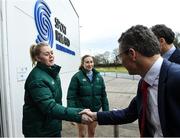 4 February 2025; Minister for Tourism, Culture, Arts, Gaeltacht, Sport and Media and Equality Patrick O'Donovan, right, shakes hands with Ireland rugby players Sam Monaghan and Eve Higgins during a ministerial Visit to the Sport Ireland Campus in Dublin. Photo by Matt Browne/Sportsfile