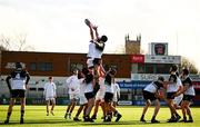 4 February 2025; Cian Brennan of Newbridge College wins possession in a lineout ahead of Ruadhán Murray of Presentation College, Bray during the Bank of Ireland Leinster Rugby Boys Schools Junior Cup First Round match between Newbridge College and Presentation College, Bray at Energia Park in Dublin. Photo by Shauna Clinton/Sportsfile