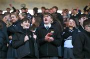 4 February 2025; Newbridge College supporters celebrate after their side's victory in the Bank of Ireland Leinster Rugby Boys Schools Junior Cup First Round match between Newbridge College and Presentation College, Bray at Energia Park in Dublin. Photo by Shauna Clinton/Sportsfile