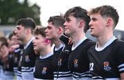 4 February 2025; Newbridge College players, including Fiachra Duffy, second from right, after their side's victory in the Bank of Ireland Leinster Rugby Boys Schools Junior Cup First Round match between Newbridge College and Presentation College, Bray at Energia Park in Dublin. Photo by Shauna Clinton/Sportsfile