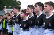 4 February 2025; Newbridge College players, including Matt Spollen, centre, after their side's victory in the Bank of Ireland Leinster Rugby Boys Schools Junior Cup First Round match between Newbridge College and Presentation College, Bray at Energia Park in Dublin. Photo by Shauna Clinton/Sportsfile