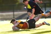 4 February 2025; Oisin Kelly of St Fintan's High School scores a try during the Bank of Ireland Leinster Rugby Boys Schools Senior Cup First Round match between Temple Carrig School and St Fintan's High School at Castle Avenue in Dublin. Photo by Matt Browne/Sportsfile