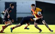 4 February 2025; Fionn MacDonald of St Fintan's High School is tackled by Oisin Ivory of Temple Carrig School during the Bank of Ireland Leinster Rugby Boys Schools Senior Cup First Round match between Temple Carrig School and St Fintan's High School at Castle Avenue in Dublin. Photo by Matt Browne/Sportsfile