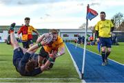 4 February 2025; Rory O'Connor O'Hehir of St Fintan's High School scores a try during the Bank of Ireland Leinster Rugby Boys Schools Senior Cup First Round match between Temple Carrig School and St Fintan's High School at Castle Avenue in Dublin. Photo by Matt Browne/Sportsfile