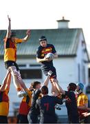 4 February 2025; Nicko Stewart of Temple Carrig School wins possession in a lineout during the Bank of Ireland Leinster Rugby Boys Schools Senior Cup First Round match between Temple Carrig School and St Fintan's High School at Castle Avenue in Dublin. Photo by Matt Browne/Sportsfile