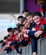 4 February 2025; Wesley College supporters react during the Bank of Ireland Leinster Rugby Boys Schools Junior Cup First Round match between Wesley College and Gonzaga College at Energia Park in Dublin. Photo by Shauna Clinton/Sportsfile