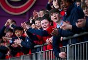 4 February 2025; Wesley College supporters react during the Bank of Ireland Leinster Rugby Boys Schools Junior Cup First Round match between Wesley College and Gonzaga College at Energia Park in Dublin. Photo by Shauna Clinton/Sportsfile