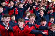 4 February 2025; Wesley College supporters react during the Bank of Ireland Leinster Rugby Boys Schools Junior Cup First Round match between Wesley College and Gonzaga College at Energia Park in Dublin. Photo by Shauna Clinton/Sportsfile