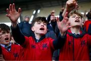 4 February 2025; Wesley College supporters react during the Bank of Ireland Leinster Rugby Boys Schools Junior Cup First Round match between Wesley College and Gonzaga College at Energia Park in Dublin. Photo by Shauna Clinton/Sportsfile