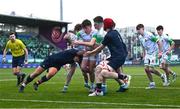 4 February 2025; Cian Dunne of Gonzaga College on his way to scoring a try during the Bank of Ireland Leinster Rugby Boys Schools Junior Cup First Round match between Wesley College and Gonzaga College at Energia Park in Dublin. Photo by Shauna Clinton/Sportsfile