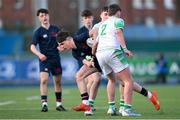 4 February 2025; Rhys Ryan of Wesley College in action against Louis Dockery of Gonzaga College during the Bank of Ireland Leinster Rugby Boys Schools Junior Cup First Round match between Wesley College and Gonzaga College at Energia Park in Dublin. Photo by Shauna Clinton/Sportsfile