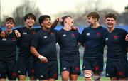 4 February 2025; Wesley College players celebrate after their side's victory in the Bank of Ireland Leinster Rugby Boys Schools Junior Cup First Round match between Wesley College and Gonzaga College at Energia Park in Dublin. Photo by Shauna Clinton/Sportsfile