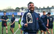 4 February 2025; Wesley College assistant coach Andrew Egan celebrates after their side's victory in the Bank of Ireland Leinster Rugby Boys Schools Junior Cup First Round match between Wesley College and Gonzaga College at Energia Park in Dublin. Photo by Shauna Clinton/Sportsfile