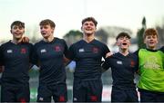 4 February 2025; Wesley College players celebrate after their side's victory in the Bank of Ireland Leinster Rugby Boys Schools Junior Cup First Round match between Wesley College and Gonzaga College at Energia Park in Dublin. Photo by Shauna Clinton/Sportsfile