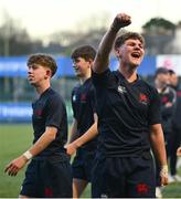 4 February 2025; Hlib Reznichenko of Wesley College celebrates after his side's victory in the Bank of Ireland Leinster Rugby Boys Schools Junior Cup First Round match between Wesley College and Gonzaga College at Energia Park in Dublin. Photo by Shauna Clinton/Sportsfile