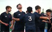 4 February 2025; Wesley College players celebrate after their side's victory in the Bank of Ireland Leinster Rugby Boys Schools Junior Cup First Round match between Wesley College and Gonzaga College at Energia Park in Dublin. Photo by Shauna Clinton/Sportsfile