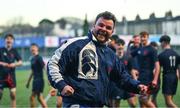 4 February 2025; Wesley College assistant coach Andrew Egan celebrates after their side's victory in the Bank of Ireland Leinster Rugby Boys Schools Junior Cup First Round match between Wesley College and Gonzaga College at Energia Park in Dublin. Photo by Shauna Clinton/Sportsfile