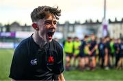 4 February 2025; Ben Elliott of Wesley College celebrates after his side's victory in the Bank of Ireland Leinster Rugby Boys Schools Junior Cup First Round match between Wesley College and Gonzaga College at Energia Park in Dublin. Photo by Shauna Clinton/Sportsfile