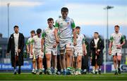 4 February 2025; Gonzaga College players, including Daniel Murphy, centre, dejected after their side's defeat in the Bank of Ireland Leinster Rugby Boys Schools Junior Cup First Round match between Wesley College and Gonzaga College at Energia Park in Dublin. Photo by Shauna Clinton/Sportsfile