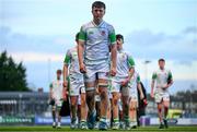 4 February 2025; Gonzaga College players, including Daniel Murphy, centre, dejected after their side's defeat in the Bank of Ireland Leinster Rugby Boys Schools Junior Cup First Round match between Wesley College and Gonzaga College at Energia Park in Dublin. Photo by Shauna Clinton/Sportsfile