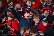 4 February 2025; Wesley College supporters celebrate at the final whistle of the Bank of Ireland Leinster Rugby Boys Schools Junior Cup First Round match between Wesley College and Gonzaga College at Energia Park in Dublin. Photo by Shauna Clinton/Sportsfile