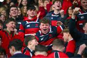 4 February 2025; Wesley College supporters celebrate at the final whistle of the Bank of Ireland Leinster Rugby Boys Schools Junior Cup First Round match between Wesley College and Gonzaga College at Energia Park in Dublin. Photo by Shauna Clinton/Sportsfile