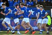 5 February 2025; Robert Flaherty of St Mary’s College congratulates team-mate Matthew McGreevy, after McGreevy scored his side's second try during the Bank of Ireland Leinster Rugby Boys Schools Junior Cup first round match between St Mary’s College and Kilkenny College at Energia Park in Dublin. Photo by Daire Brennan/Sportsfile