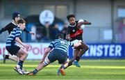 5 February 2025; Robel Cranitch of The High School is tackled by Matthew Lynch of St Vincent's Castleknock College during the Bank of Ireland Leinster Rugby Boys Schools Junior Cup first round match between St Vincent’s Castleknock College and The High School at Energia Park in Dublin. Photo by Daire Brennan/Sportsfile