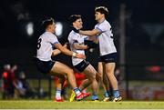 5 February 2025; Ben O'Carroll of UCD, right, celebrates with team-mates Paul Honeyman, centre, and Callum Bolton after scoring the winning penalty in the penalty shoot-out during the Electric Ireland Higher Education GAA Sigerson Cup semi-final match between UCD and TU Dublin at the GAA National Games Development Centre in Abbotstown, Dublin. Photo by Tyler Miller/Sportsfile