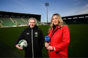 7 February 2025; Ireland Women's National Team Head Coach Carla Ward with RTÉ Sport Presenter Marie Crowe in Tallaght Stadium helping to announce the new TV deal that will see RTÉ provide live coverage of the Ireland WNT through to the 2027 FIFA Women's World Cup. The Football Association of Ireland and RTÉ have agreed a new deal for live coverage of the Ireland Women’s National Team for the next two years. The new deal across television and radio will see RTÉ cover all of Ireland’s games through to the 2027 FIFA Women’s World Cup, including the 2025 UEFA Nations League, International Friendlies and World Cup qualifiers. The agreement extends a partnership that has been in place since 2019, where RTÉ’s coverage has continued to grow in tandem with the team’s success and reached a peak audience of 659,000 during the 2023 FIFA Women’s World Cup. Photo by David Fitzgerald/Sportsfile