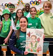 6 February 2025; Dare to Believe ambassador and Olympic boxer Gráinne Walsh at Mullingar Educate Together National School as part of the Dare to Believe programme to inspire the next generation, sponsored by Allianz. Photo by David Fitzgerald/Sportsfile