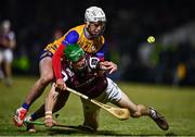 8 February 2025; Cianan Fahy of Galway in action against Adam Hogan of Clare during the Allianz Hurling League Division 1A match between Galway and Clare at Pearse Stadium in Galway. Photo by Tyler Miller/Sportsfile