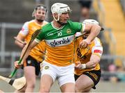 9 February 2025; Oisin Kelly of Offaly in action against Paddy Burke of Antrim during the Allianz Hurling League Division 1B match between Offaly and Antrim at Glenisk O'Connor Park in Tullamore, Offaly. Photo by Matt Browne/Sportsfile