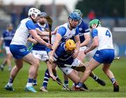 9 February 2025; Charles Dwyer of Laois in action against Paddy Leavey of Waterford during the Allianz Hurling League Division 1B match between Waterford and Laois at Walsh Park in Waterford. Photo by Michael P Ryan/Sportsfile