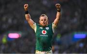 9 February 2025; Finlay Bealham of Ireland celebrates his side's fourth try, scored by teammate Jack Conan, not pictured, during the Guinness Six Nations Rugby Championship match between Scotland and Ireland at Scottish Gas Murrayfield Stadium in Edinburgh, Scotland. Photo by David Fitzgerald/Sportsfile