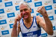 9 February 2025; Joe Gough of West Waterford AC, Waterford, poses for a photograph with his medal after competing in the master men 65+ 4000m during the 123.ie National Intermediate, Masters & Juvenile B Cross Country Championships 2025 at Westport Athletics Centre in Mayo. Photo by Tyler Miller/Sportsfile