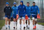 10 February 2025; Arriving, from left, are Lee Barron, Rory McGuire, Joe McCarthy, Will Connors and Max Deegan to Leinster Rugby squad training at UCD in Dublin. Photo by David Fitzgerald/Sportsfile