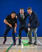 12 February 2025; Special Olympics Ireland CEO Matt English, centre, and Sports Direct managing director Leonard Brassel, right, pictured with athlete Moira Scott at the National Sports Campus in Abbotstown, Dublin, during the launch of the Special Olympics Ireland and Sports Direct partnership. Photo by Ray McManus/Sportsfile