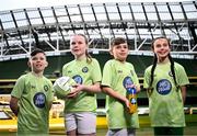 12 February 2025; Pictured, from left, Dylan Kenna, Sophia Kenna, Tyler Waine and Abbie Halpin at the Aviva Stadium, to mark the kick-off of a five-year partnership between MiWadi and Football Association Ireland. MiWadi will become the title sponsor of the largest summer grassroots programme in the country. Photo by Ramsey Cardy/Sportsfile