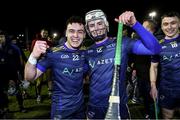 11 February 2025; Peter Clarke and Darragh Carley of DCU celebrate after the Electric Ireland HE GAA Fitzgibbon Cup semi-final match between University College Cork and Dublin City University Dóchas Éireann at SETU Carlow Campus in Carlow. Photo by Matt Browne/Sportsfile