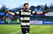 12 February 2025; Sean Killeen of Cistercian College, Roscrea celebrates after his side's victory in the Bank of Ireland Leinster Rugby Boys Schools Senior Cup second round match between Cistercian College Roscrea and Gonzaga College at Energia Park in Dublin. Photo by Shauna Clinton/Sportsfile