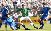 4 September 2004; Andy Reid, Republic of Ireland, in action against Elias Charalambous, left, and Marinos Satsias, Cyprus. FIFA World Cup Qualifier, Republic of Ireland v Cyprus, Lansdowne Road, Dublin. Picture credit; Brian Lawless / SPORTSFILE
