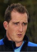 30 September 2013; Leinster's Devin Toner speaking to the media ahead of squad training ahead of their Celtic League 2013/14 Round 5 game against Munster on Saturday. Leinster Rugby Squad Training & Press Briefing, Rosemount, UCD, Belfield, Dublin.  Picture credit: Barry Cregg / SPORTSFILE