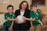 3 October 2013; Australian Ambassador to Ireland, Her Excellency Dr. Ruth Adler accepts an invitation from young Cavan GAA footballers Gearóid Doherty, left, and Callum Kelly, Corlurgan National School, Cavan, to the first Test Match between Ireland and Australia in the Irish Daily Mail International Rules Series 2013 which will take place at Kingspan Breffni Park on October 19 during an action packed weekend of sport, conference and entertainment in Cavan town. See www.thisiscavan.ie for more. . Australian Ambassador's Residence, Killiney, Dublin. Picture credit: Pat Murphy / SPORTSFILE