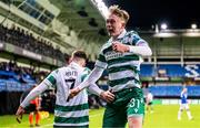 13 February 2025; Michael Noonan of Shamrock Rovers celebrates with teammate Dylan Watts after scoring his side's first goal during the UEFA Conference League knockout phase play-off first leg match between Molde and Shamrock Rovers at Aker Stadion in Molde, Norway. Photo by Marius Simensen/Sportsfile