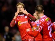 14 February 2025; Sean Boyd of Shelbourne celebrates after scoring his side's third goal during the SSE Airtricity Men's Premier Division match between Shelbourne and Derry City at Tolka Park in Dublin. Photo by Stephen McCarthy/Sportsfile