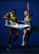 17 February 2025; Irish Athletics stars Bori Akinola and Sarah Leahy pictured at the official launch of 123.ie National Indoor Championships at the Sport Ireland National Indoor Arena in Dublin. The 123.ie National Indoor Championships take place at the Sport Ireland National Indoor Arena on February 22nd & 23rd. For tickets and further information visit AthleticsIreland.ie. Photo by David Fitzgerald/Sportsfile